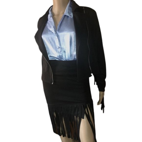 Rodeo Hippie Moto Biker Black Ponte Gypsy Fringed Skirt Jacket Set - Picture 2 of 7